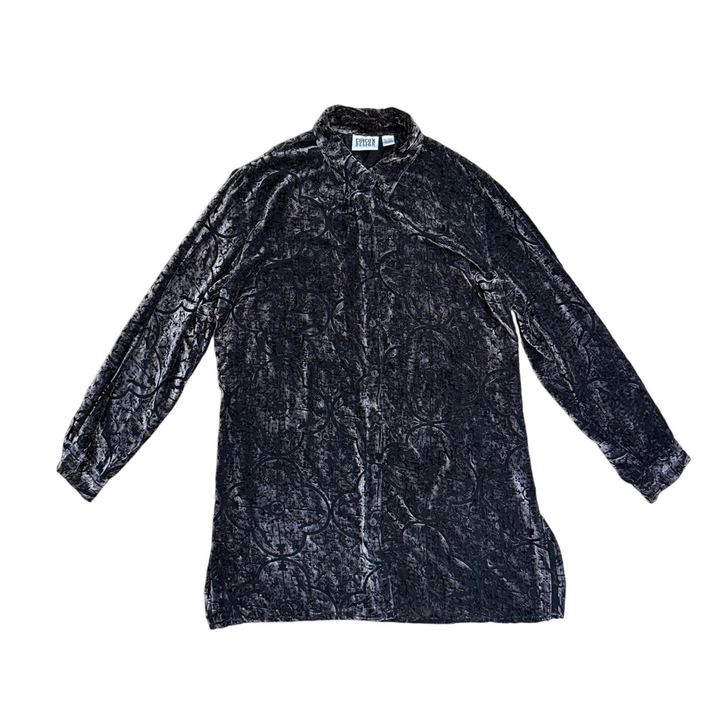 Chicos vtg Silk Blend‎ Velvet burnout Button Down Shirt Grey 2 L fairygrunge